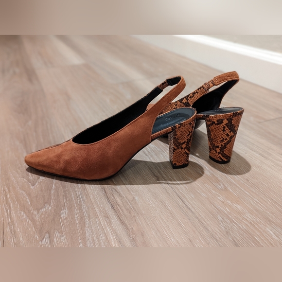 Mango Faux Snakeskin Suede Slingback Heels Size US 9.5 Cognac - Picture 13 of 15